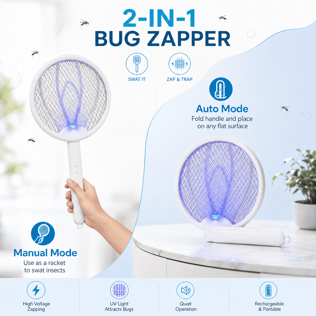 Electric Fly Swatter 3500V Rechargeable Fly Zapper USB-C Mosquito Killer