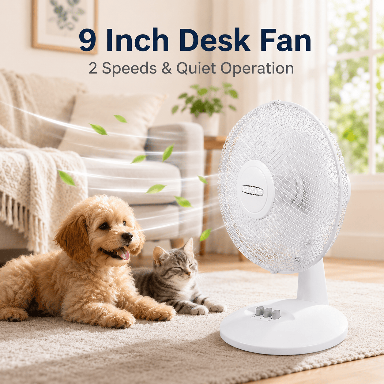9" Desk Fan 2 Speed Electric Table Fan Adjustable Tilt Head Quiet White