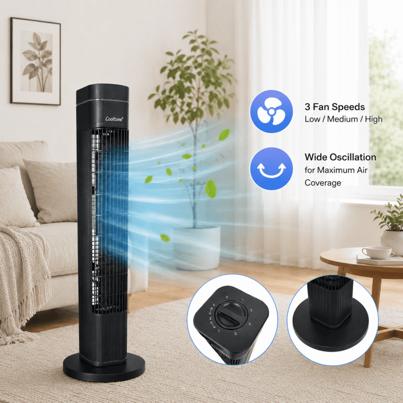 29" Tower Fan Free Standing Air Cooling Fan 3 Speed Quiet Portable Black