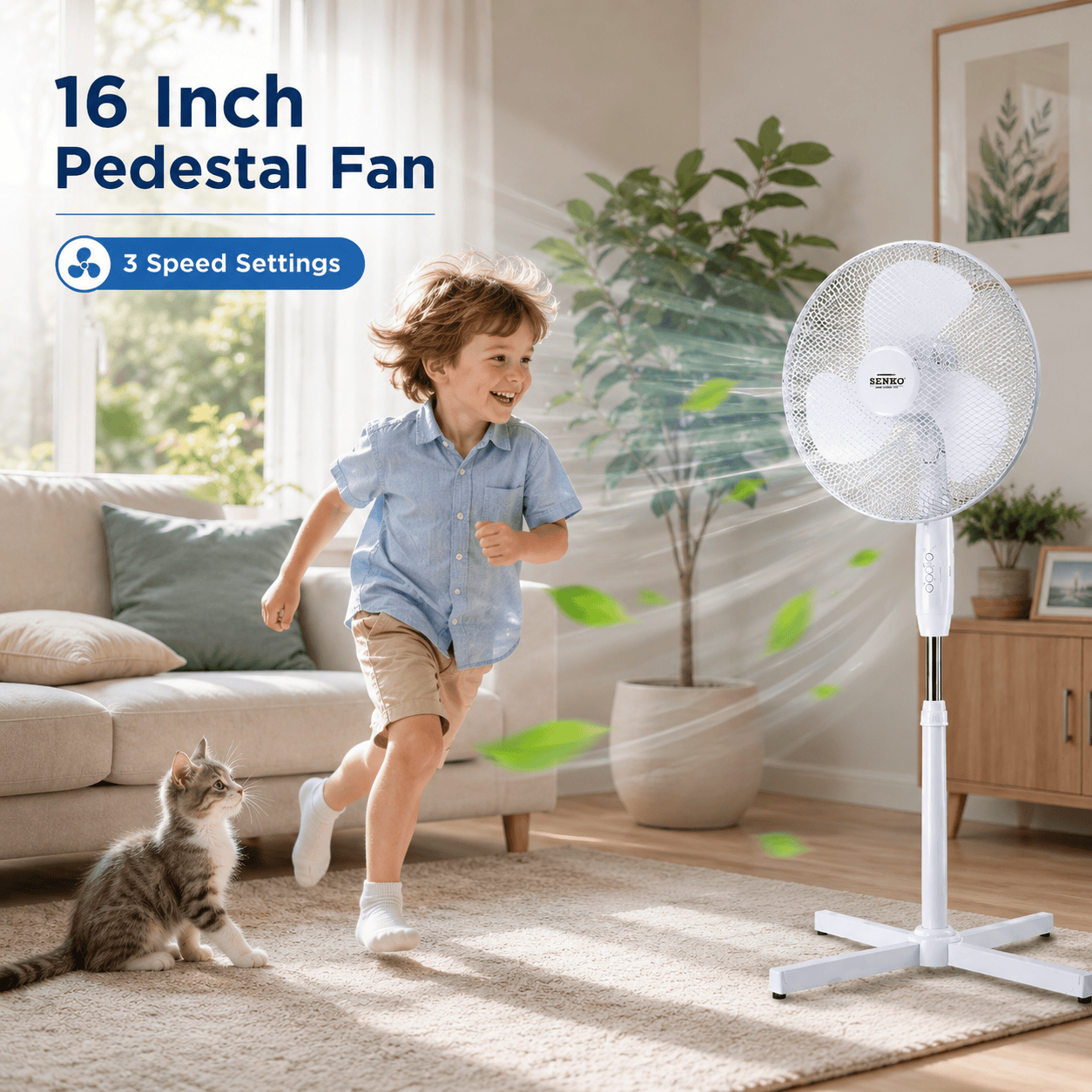 16" Pedestal Fan Cross Base Stand Fan 3 Speed Portable Home Office White