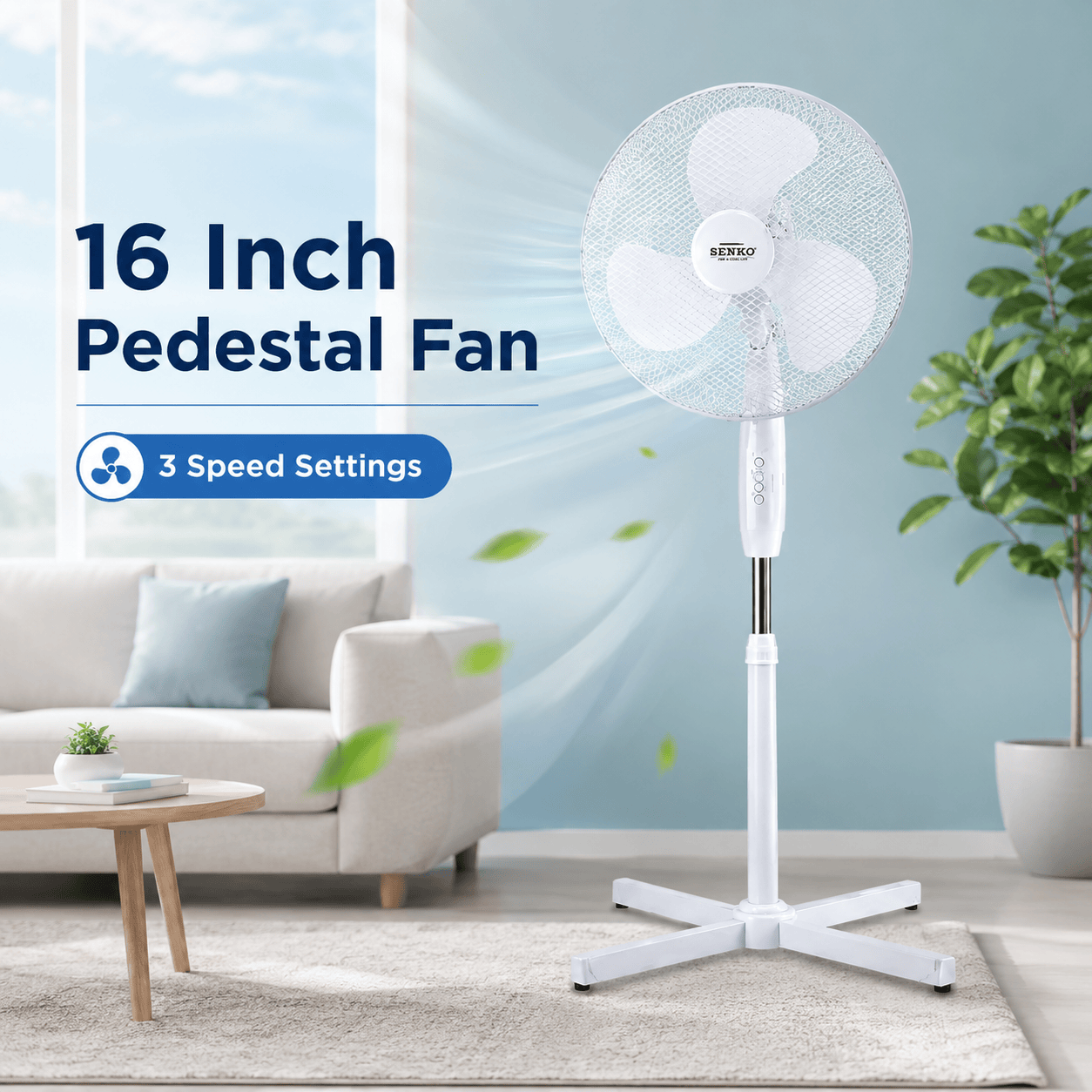 16" Pedestal Fan Cross Base Stand Fan 3 Speed Portable Home Office White