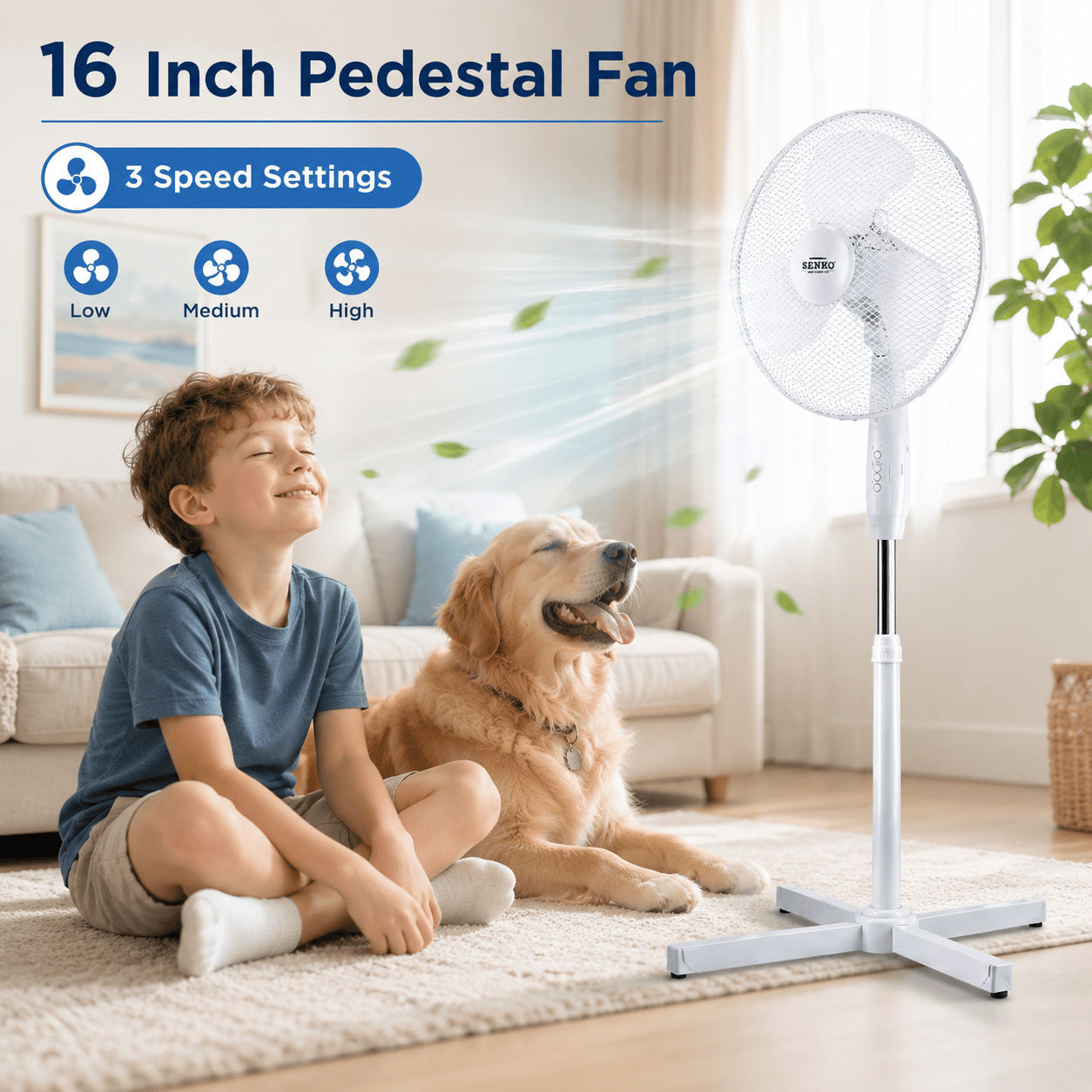 16" Pedestal Fan Cross Base Stand Fan 3 Speed Portable Home Office White