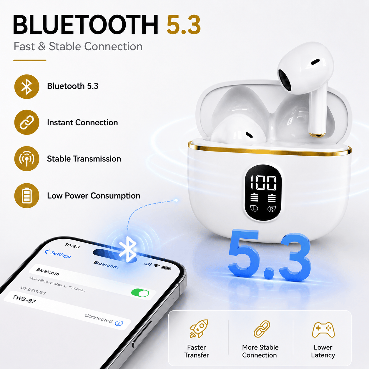 Wireless Earbuds Bluetooth Headphones LED Display Noise Cancelling Sports
