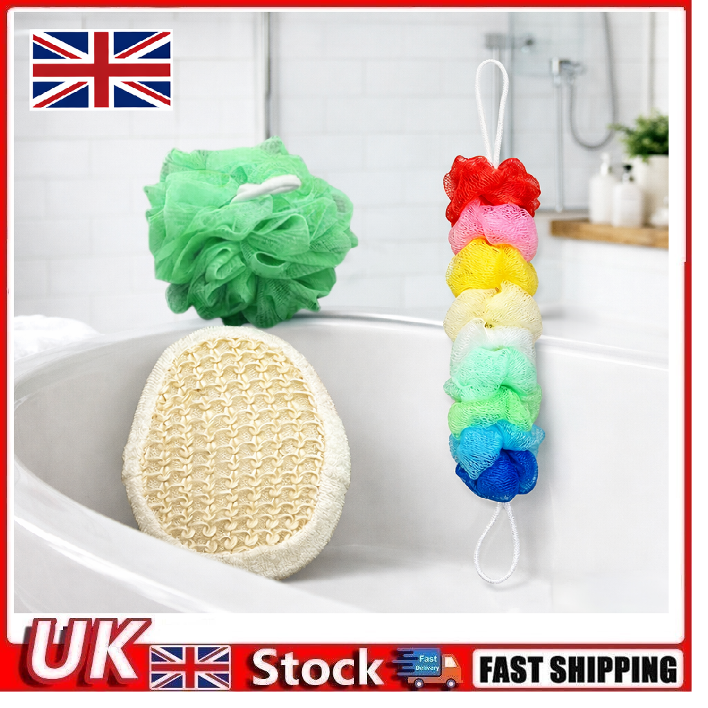 3PCS Bath Sponge Set Long Back Scrubber Mesh Pouf Loofah Shower Exfoliator