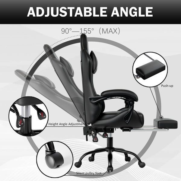 Black Video Game Chair for Adults, Computer Chair Gaming Chairs for Kids, Adjustable Lumbar Pillow Headrest Office Desk Chair Gamer Chair with Footrest