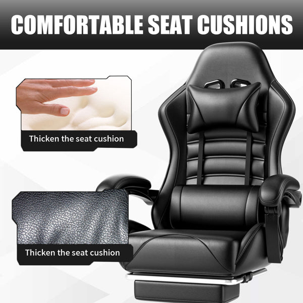 Black Video Game Chair for Adults, Computer Chair Gaming Chairs for Kids, Adjustable Lumbar Pillow Headrest Office Desk Chair Gamer Chair with Footrest