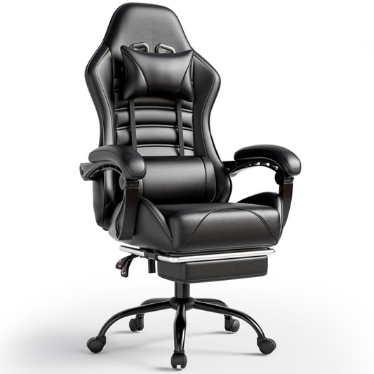 Black Video Game Chair for Adults, Computer Chair Gaming Chairs for Kids, Adjustable Lumbar Pillow Headrest Office Desk Chair Gamer Chair with Footrest