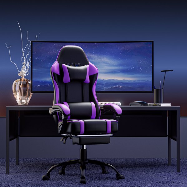 Purple Gaming Chair, Computer Chair with Footrest and Lumbar Support, Ergonomic Video Game Chair with Headrest, Height Adjustable Gamer Chair Office Desk Chair