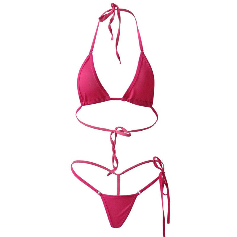 Women Mini Triangle Bikini Set G-String Thong Swimwear - Hot Pink