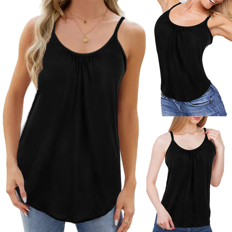 Women Camisole Built in Bra Pleated Vest Loose Fit Flowy Tank Top with Shelf Bra - Black XL 2XL 3XL 4XL