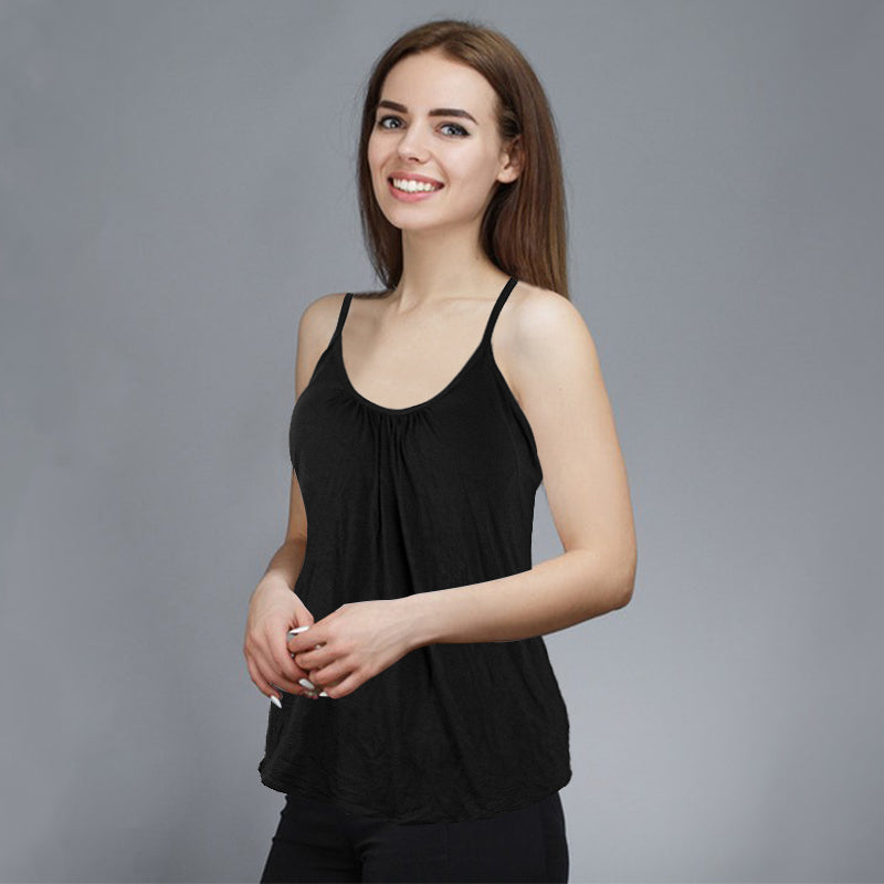 Women Camisole Built in Bra Pleated Vest Loose Fit Flowy Tank Top with Shelf Bra - Black XL 2XL 3XL 4XL