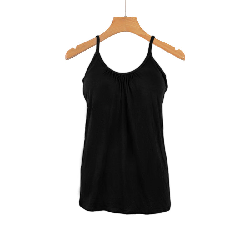 Women Camisole Built in Bra Pleated Vest Loose Fit Flowy Tank Top with Shelf Bra - Black XL 2XL 3XL 4XL