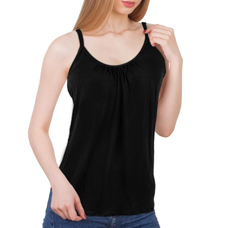 Women Camisole Built in Bra Pleated Vest Loose Fit Flowy Tank Top with Shelf Bra - Black XL 2XL 3XL 4XL