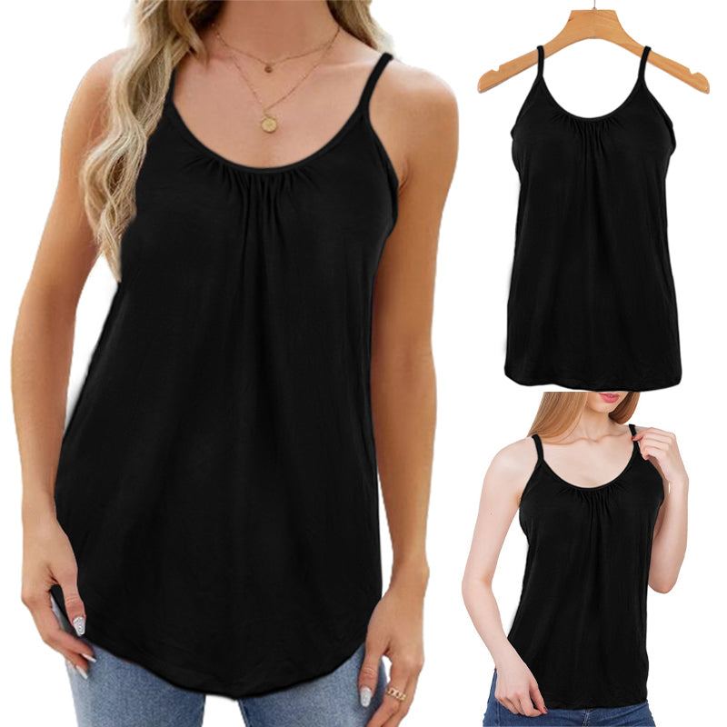 Women Camisole Built in Bra Pleated Vest Loose Fit Flowy Tank Top with Shelf Bra - Black XL 2XL 3XL 4XL