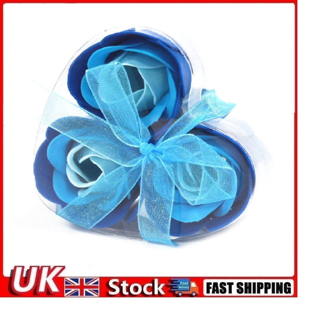 Set of 3 Soap Flower Heart Box - Blue Wedding Roses - Per case: 1 Piece