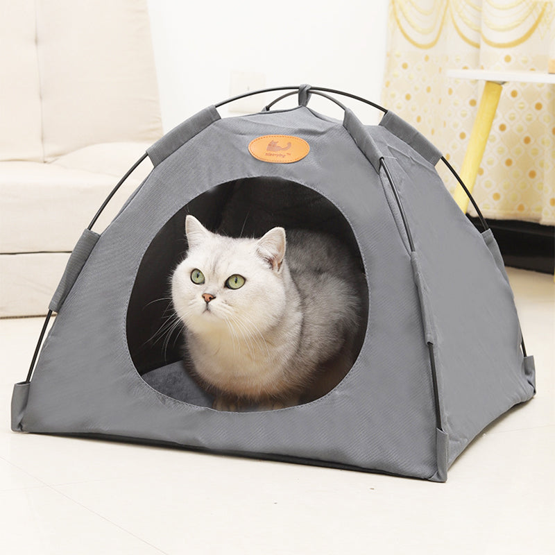 Pet Tent Cat Puppy Play Tent House with Warm Soft Bed Pad - Grey/Beige/Coffee