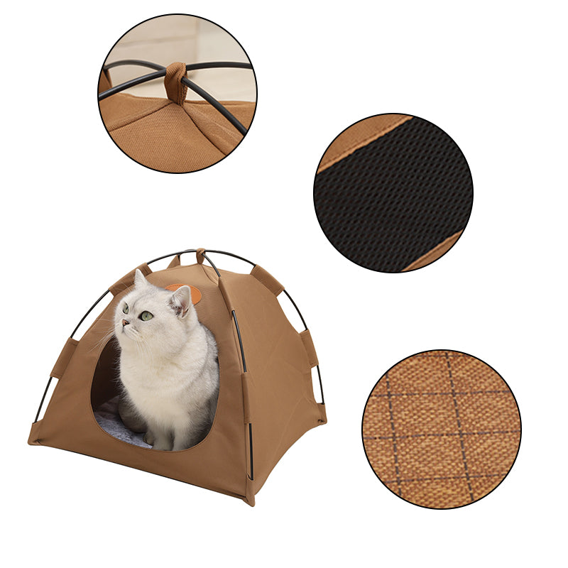 Pet Tent Cat Puppy Play Tent House with Warm Soft Bed Pad - Grey/Beige/Coffee