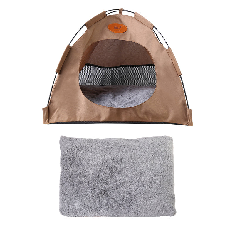 Pet Tent Cat Puppy Play Tent House with Warm Soft Bed Pad - Grey/Beige/Coffee