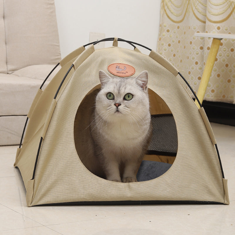 Pet Tent Cat Puppy Play Tent House with Warm Soft Bed Pad - Grey/Beige/Coffee