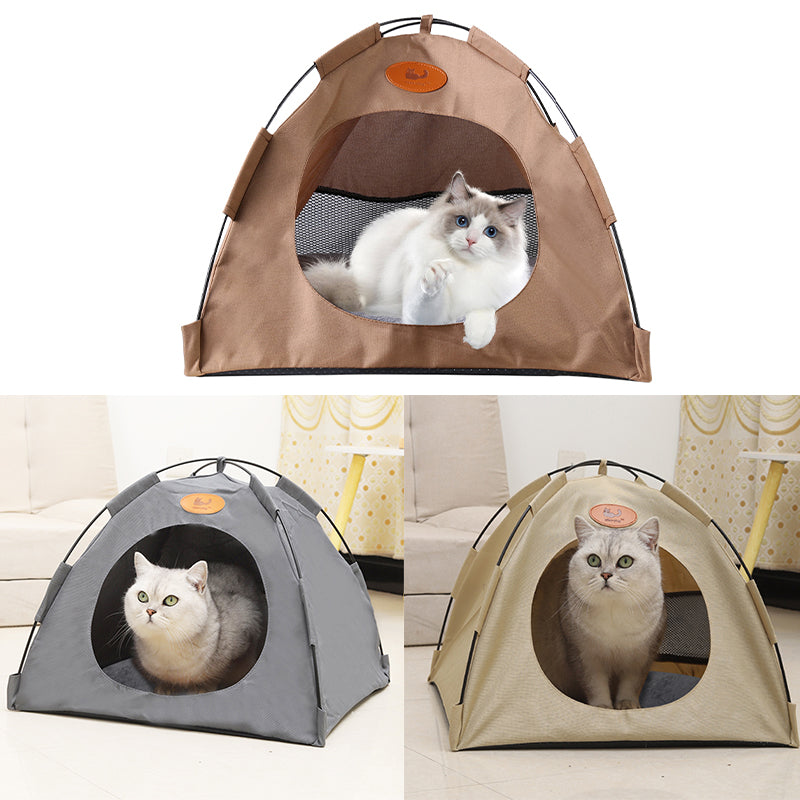Pet Tent Cat Puppy Play Tent House with Warm Soft Bed Pad - Grey/Beige/Coffee