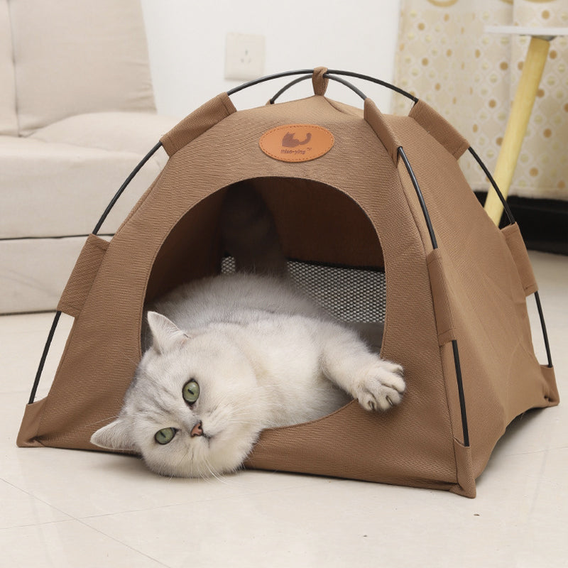 Pet Tent Cat Puppy Play Tent House with Warm Soft Bed Pad - Grey/Beige/Coffee