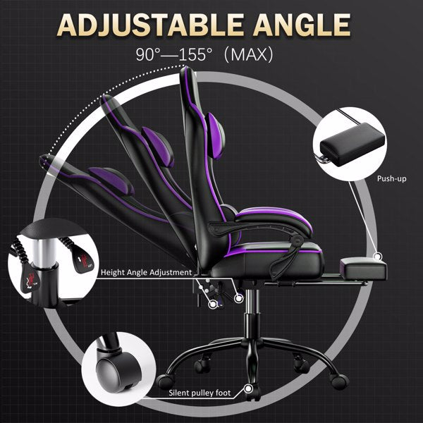 Purple Gaming Chair, Computer Chair with Footrest and Lumbar Support, Ergonomic Video Game Chair with Headrest, Height Adjustable Gamer Chair Office Desk Chair