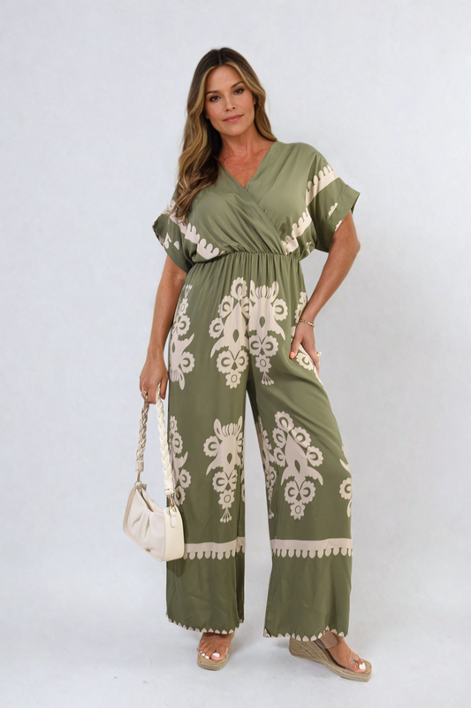 Printed Cross Front Wide Leg Jumpsuit Size S/M M/L